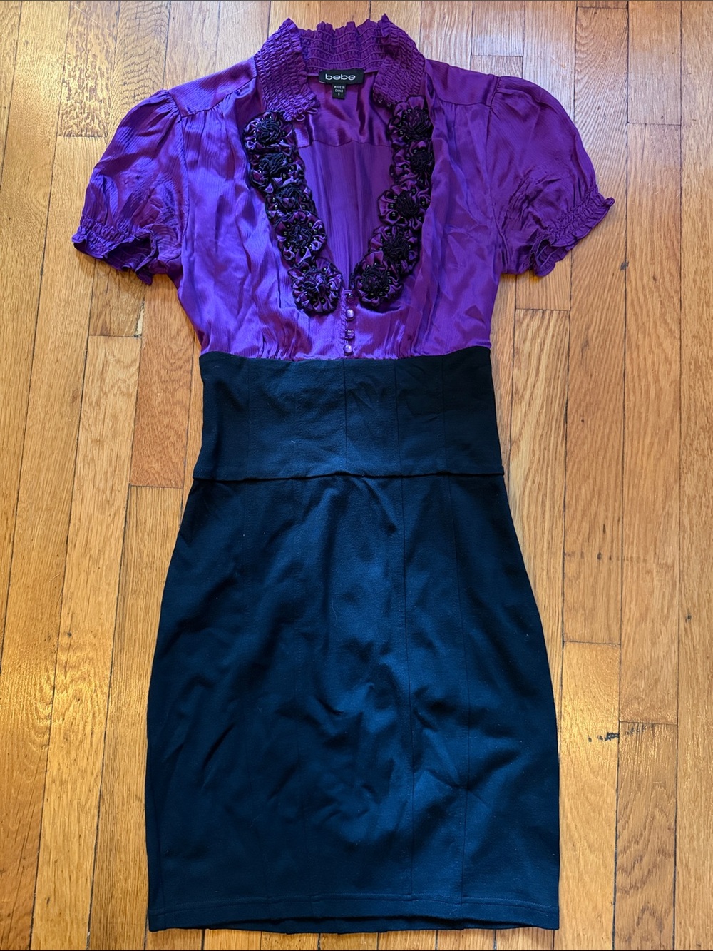 VINTAGE Bebe Y2K Purple Satin Embroidered Colorblock Pencil Dress Small
